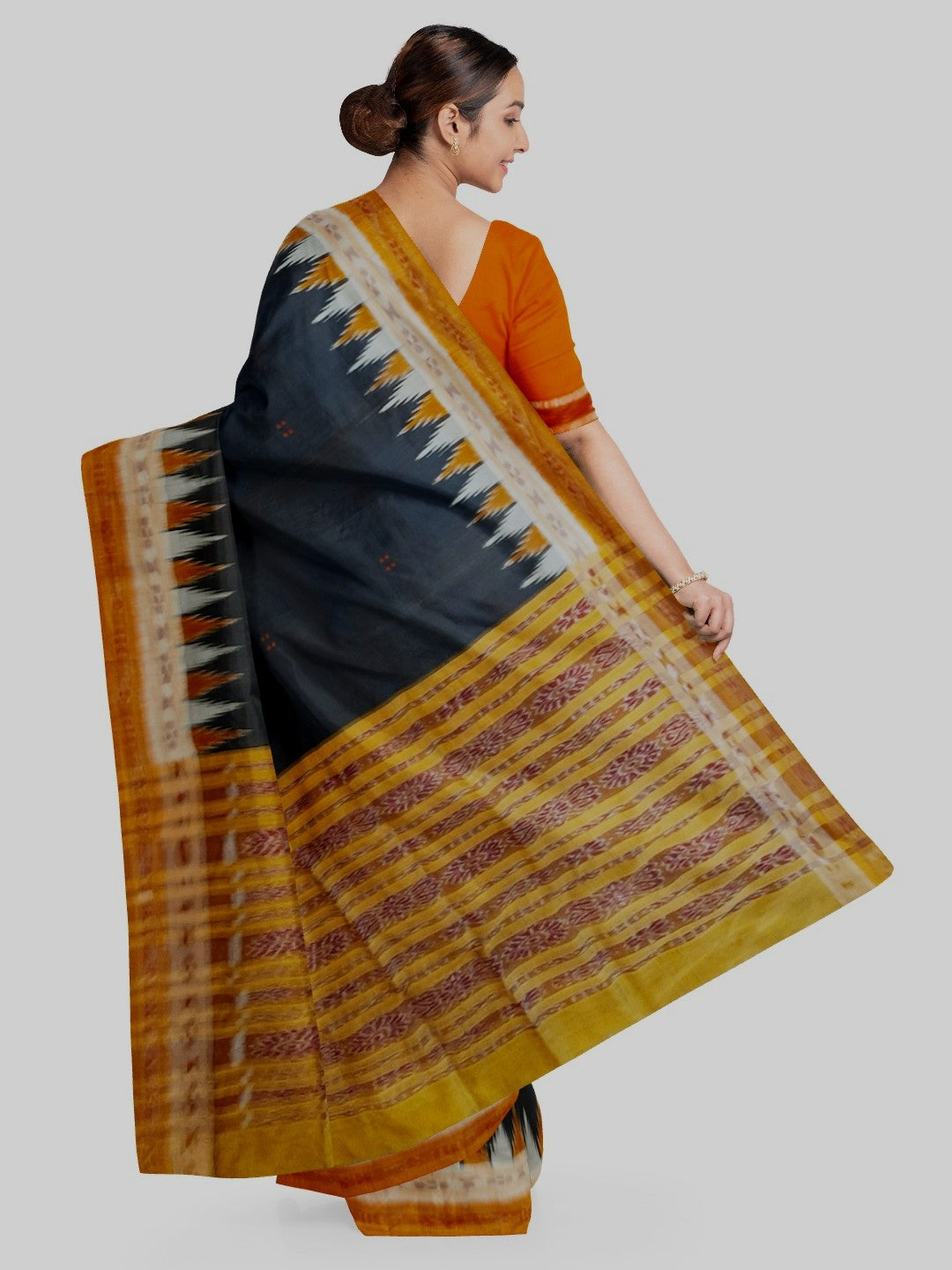 Black Odisha Khandua Pata Silk Saree with cotton ikat blouse piece