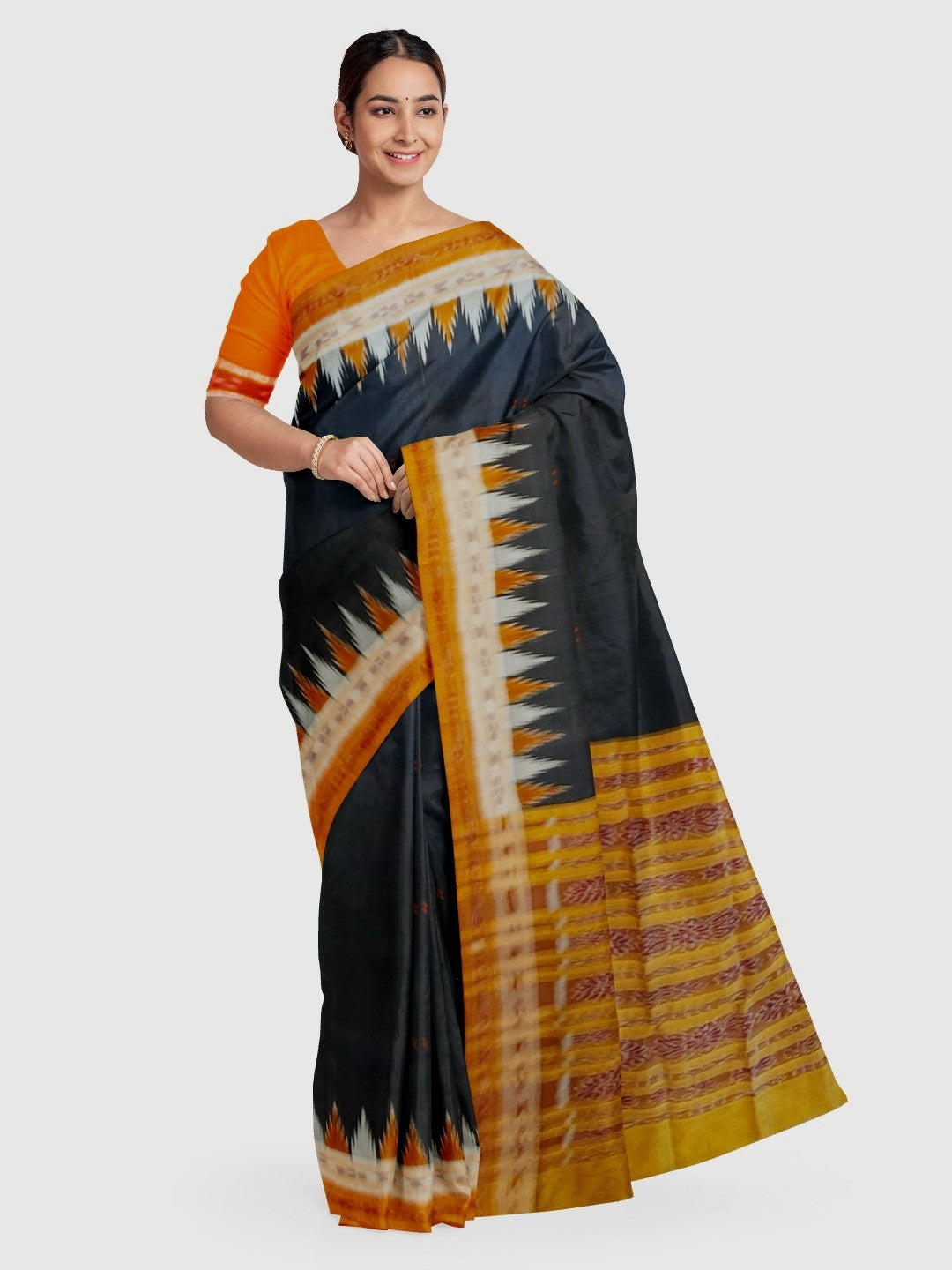 Black Odisha Khandua Pata Silk Saree with cotton ikat blouse piece