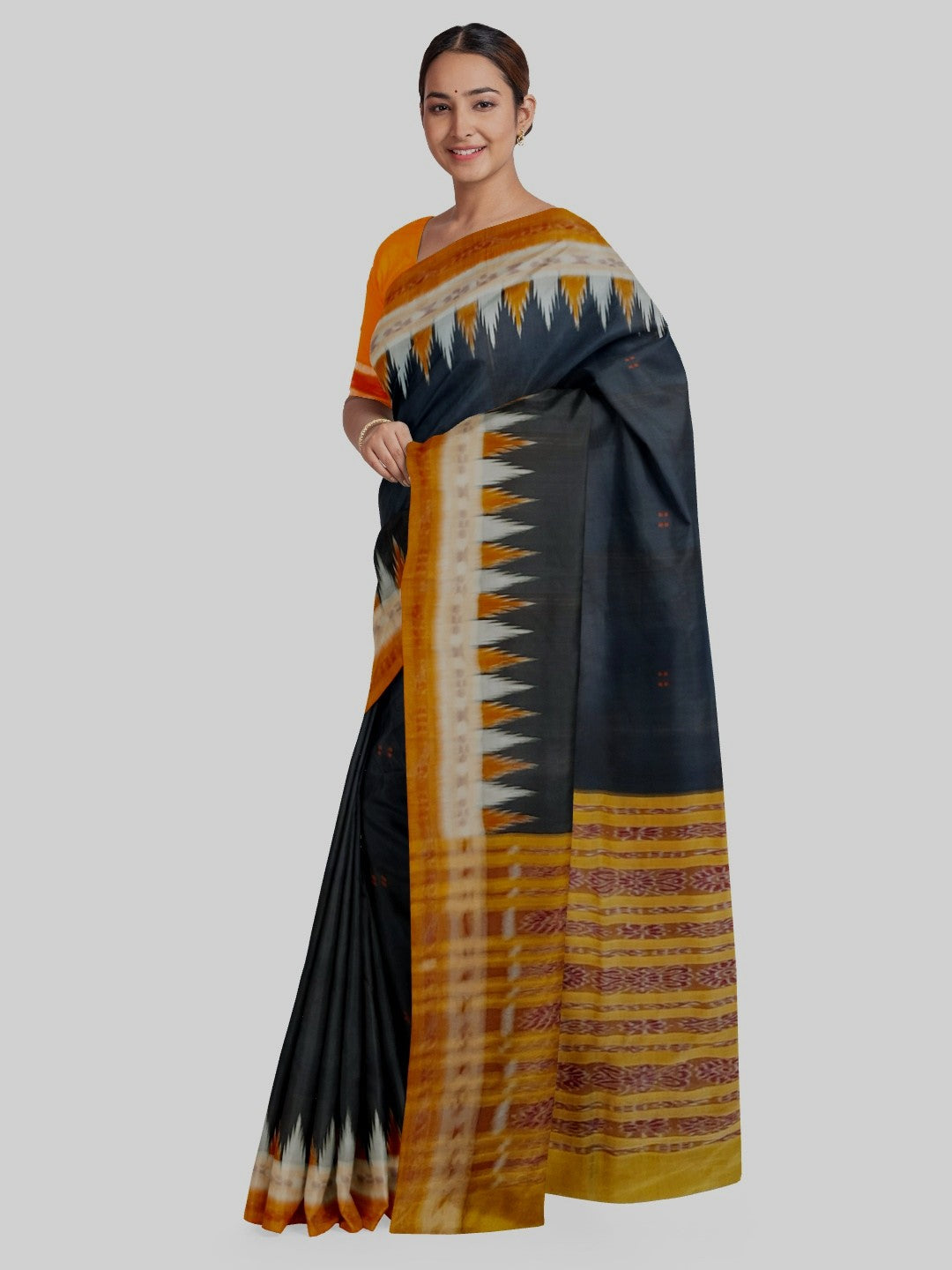 Black Odisha Khandua Pata Silk Saree with cotton ikat blouse piece