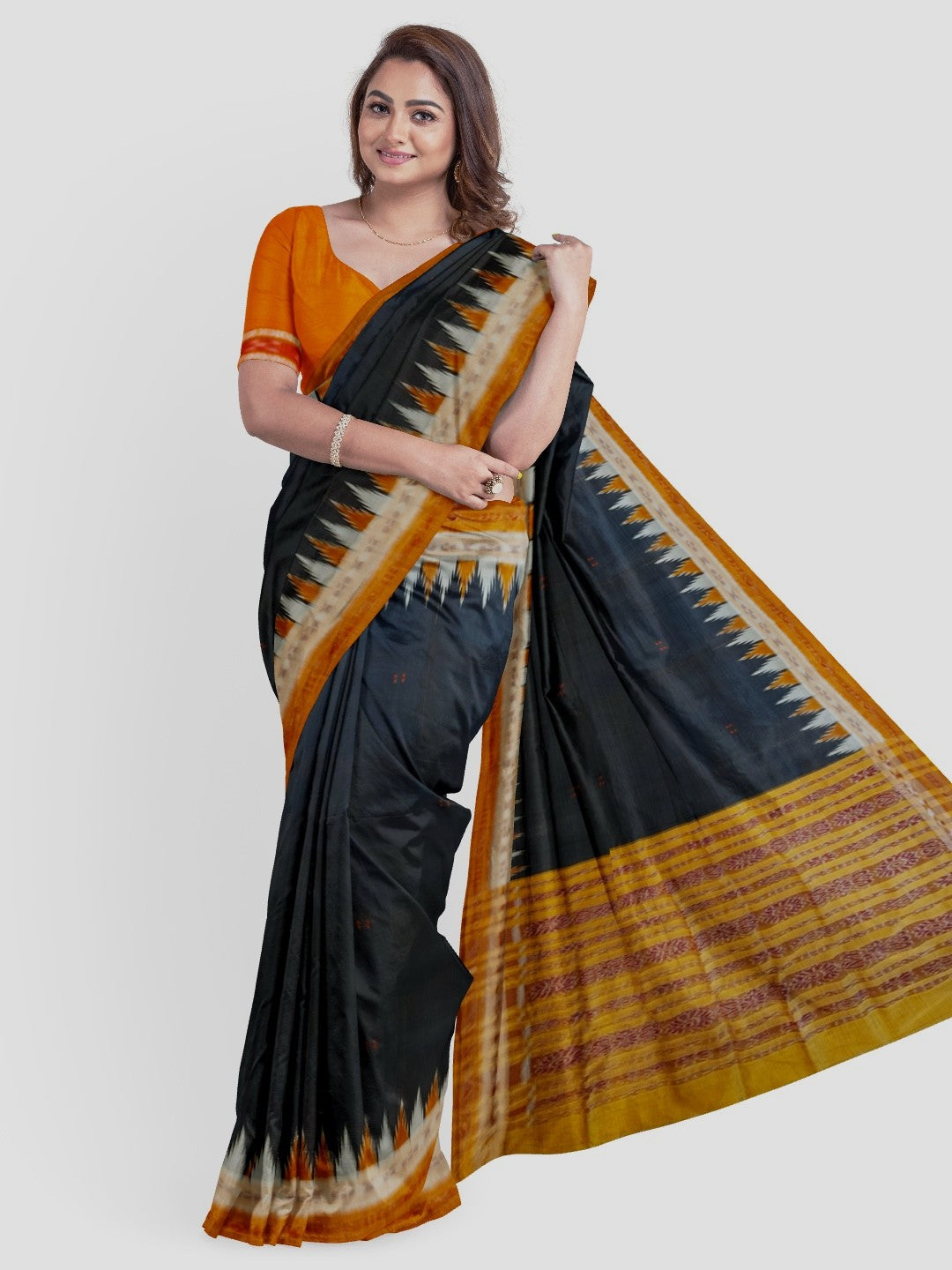 Black Odisha Khandua Pata Silk Saree with cotton ikat blouse piece