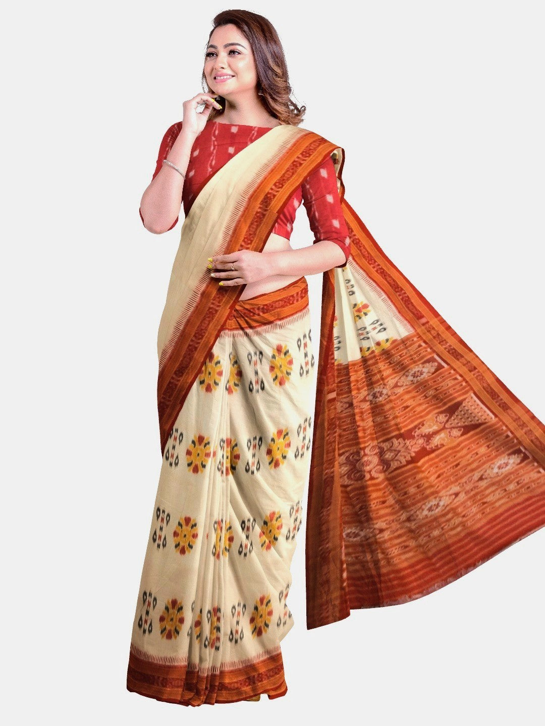 Off-white Odisha Khandua Pata Silk Saree with cotton ikat blouse piece