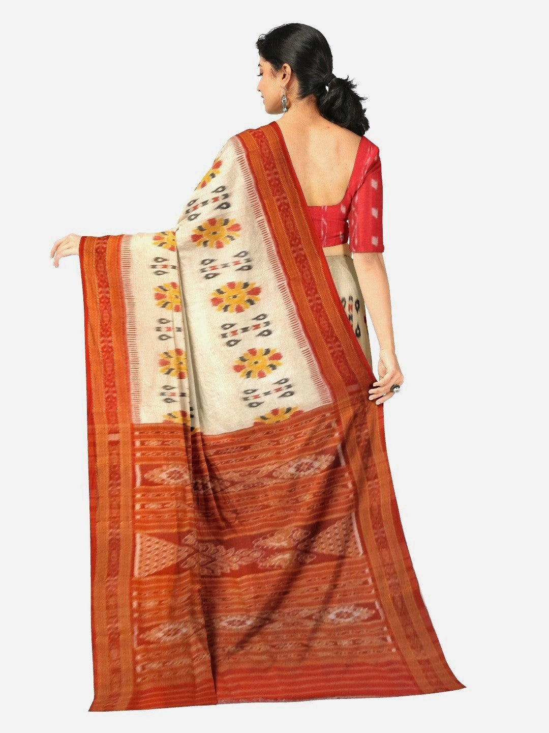 Off-white Odisha Khandua Pata Silk Saree with cotton ikat blouse piece