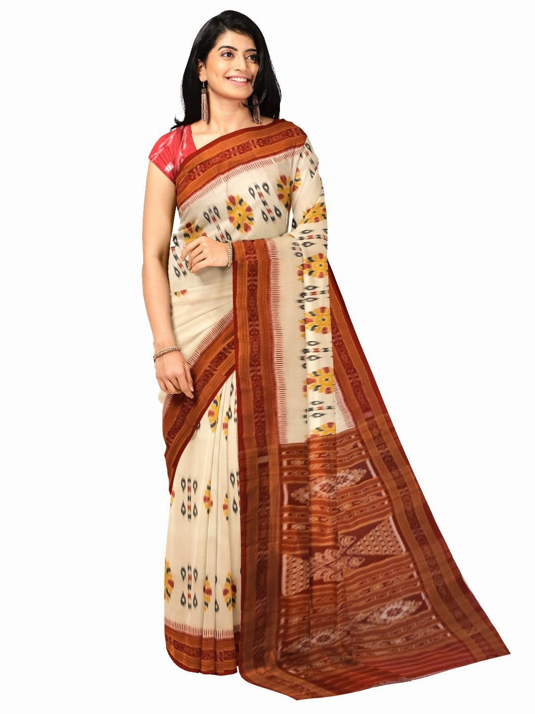 Off-white Odisha Khandua Pata Silk Saree with cotton ikat blouse piece