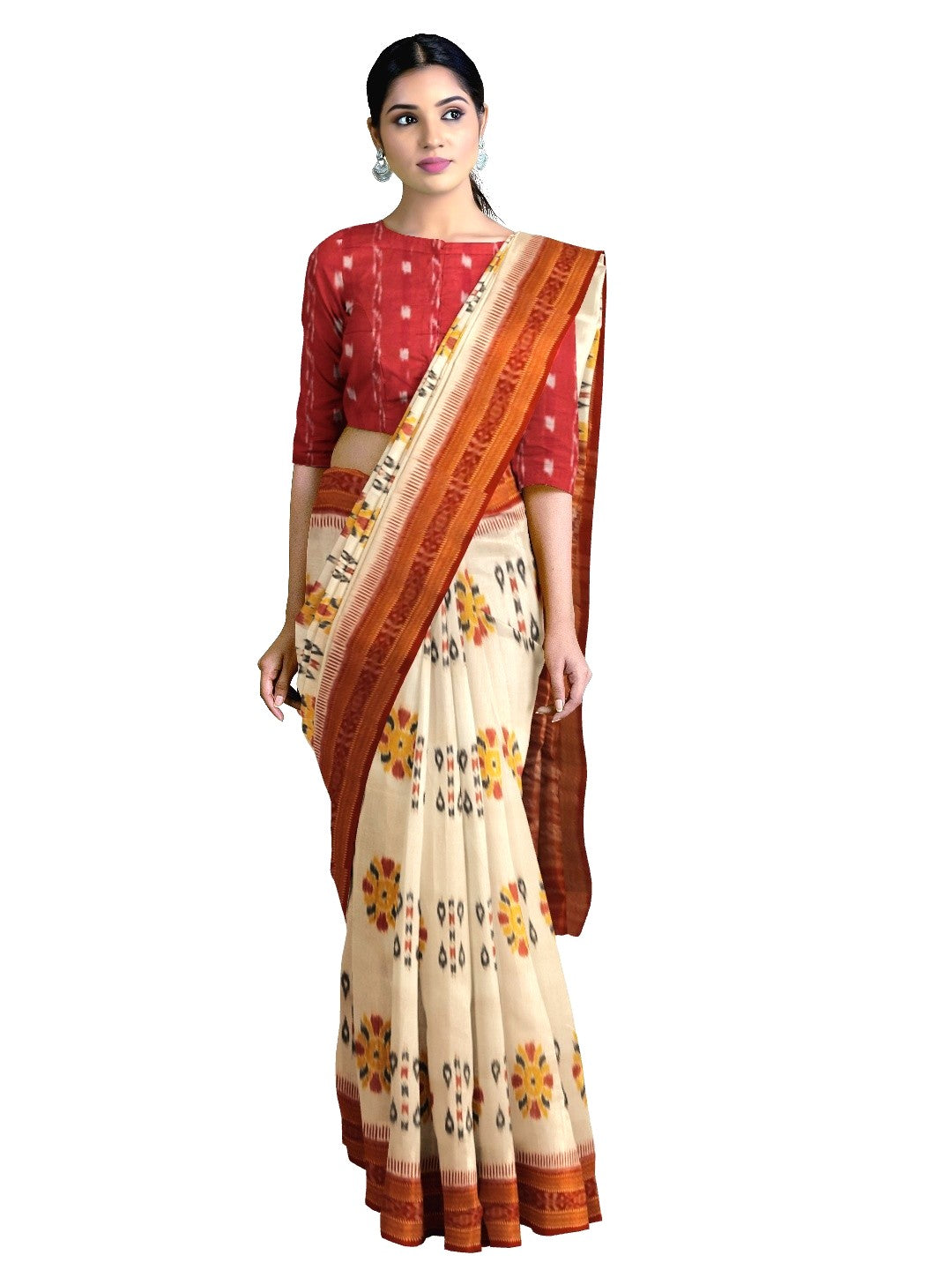 Off-white Odisha Khandua Pata Silk Saree with cotton ikat blouse piece