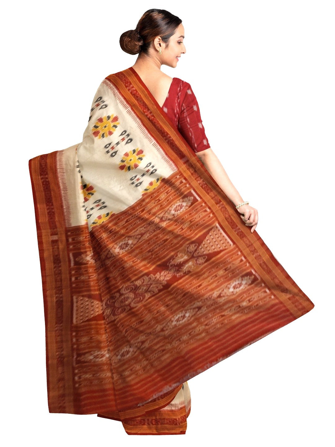 Off-white Odisha Khandua Pata Silk Saree with cotton ikat blouse piece