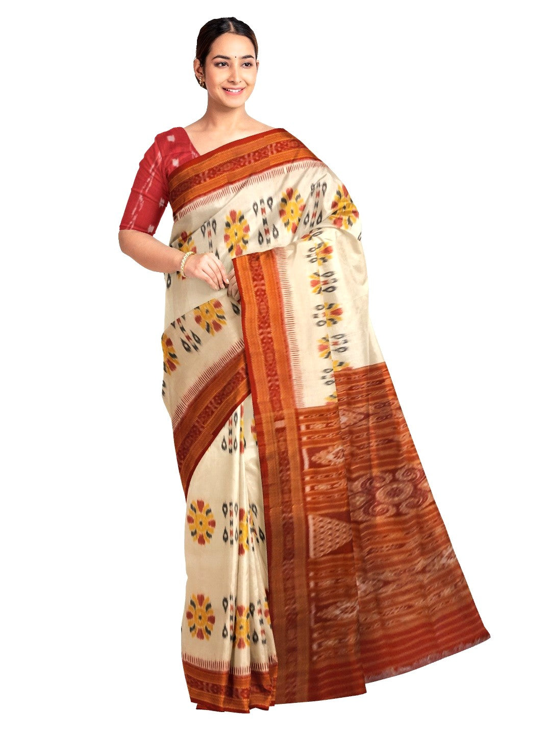 Off-white Odisha Khandua Pata Silk Saree with cotton ikat blouse piece