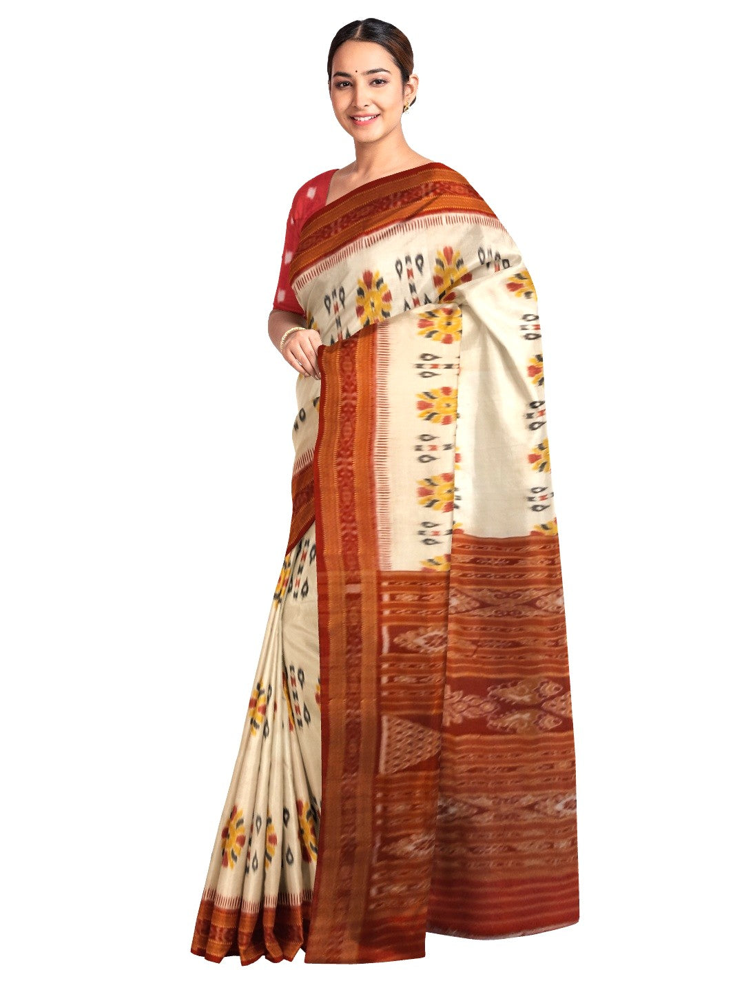 Off-white Odisha Khandua Pata Silk Saree with cotton ikat blouse piece