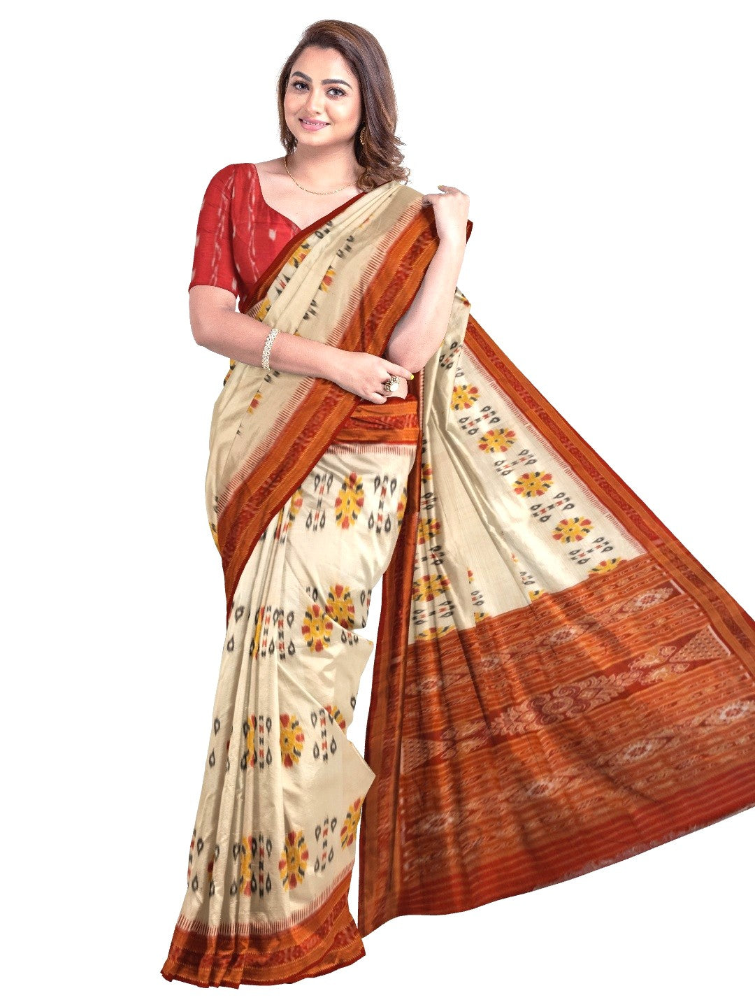 Off-white Odisha Khandua Pata Silk Saree with cotton ikat blouse piece