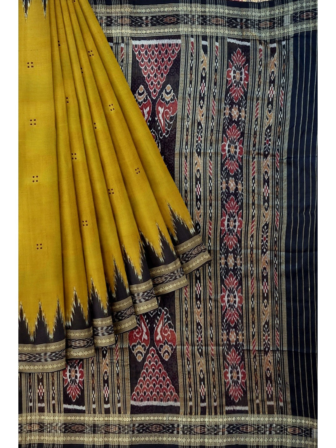 Golden Mustard Odisha Khandua Pata Silk Saree with cotton ikat blouse piece