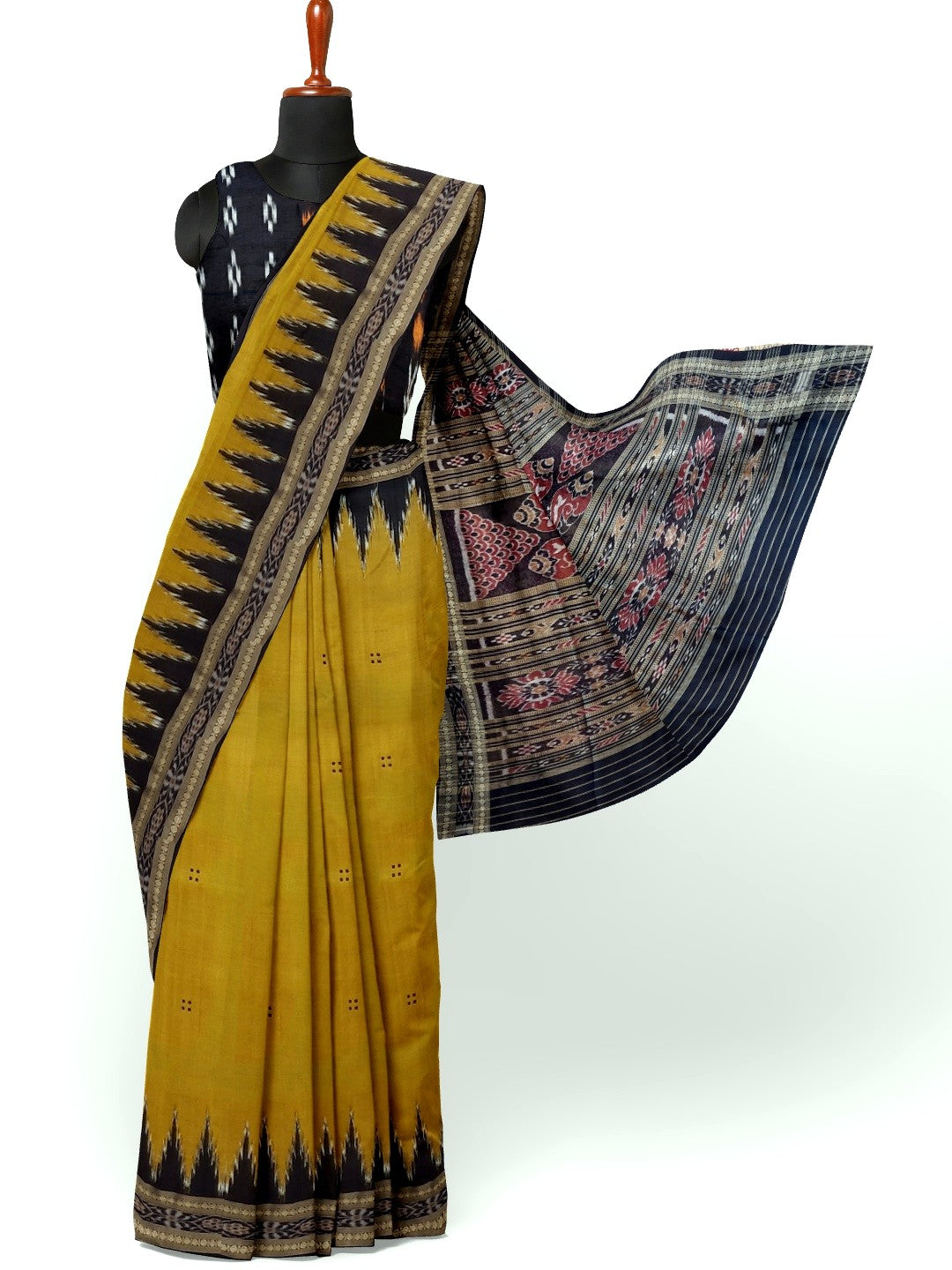 Golden Mustard Odisha Khandua Pata Silk Saree with cotton ikat blouse piece