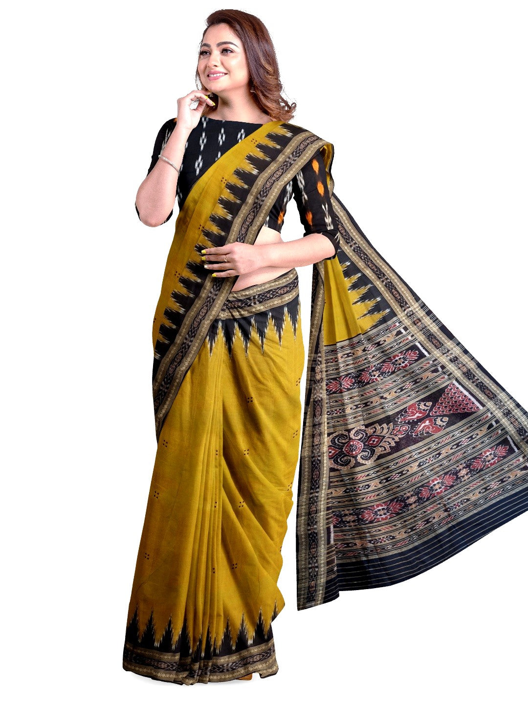 Golden Mustard Odisha Khandua Pata Silk Saree with cotton ikat blouse piece