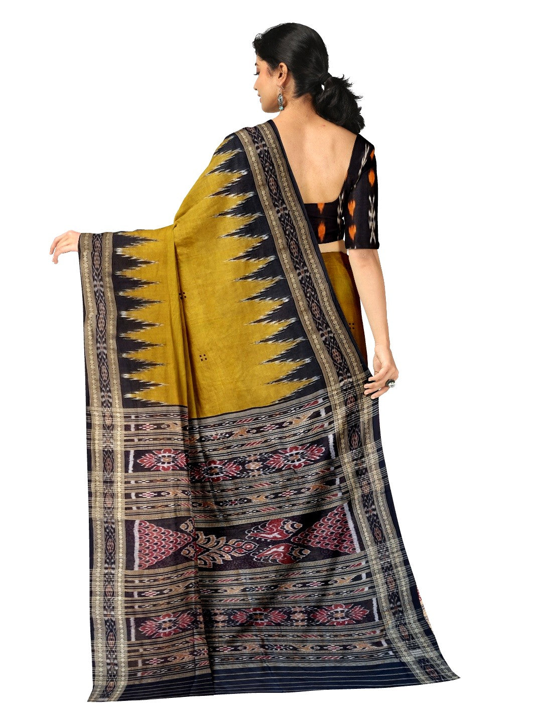 Golden Mustard Odisha Khandua Pata Silk Saree with cotton ikat blouse piece