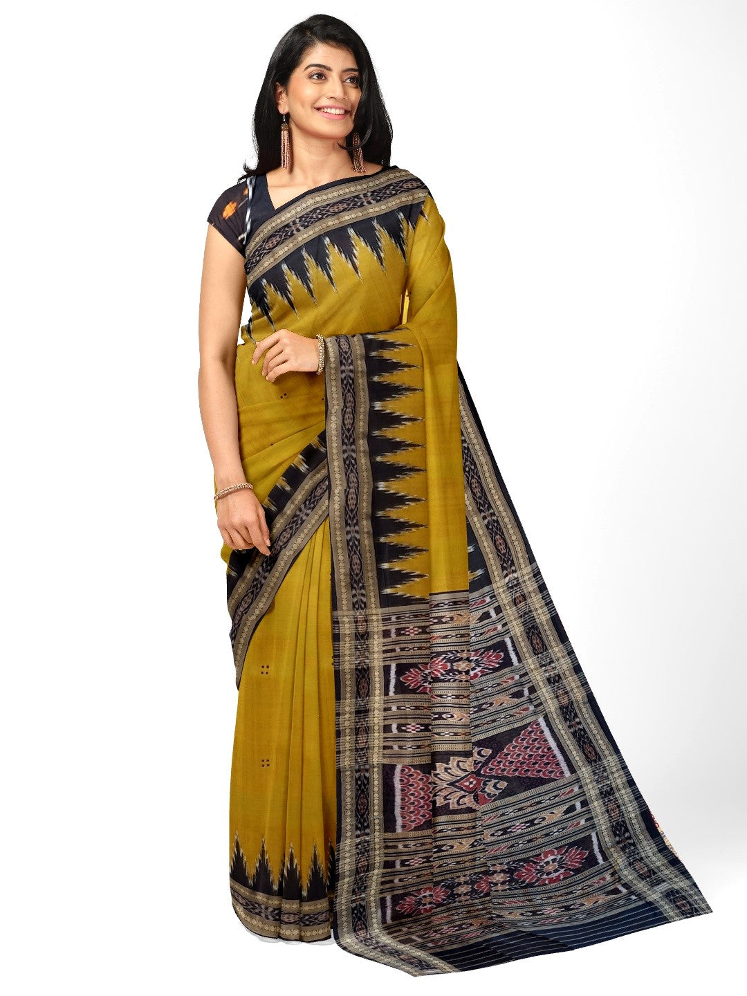 Golden Mustard Odisha Khandua Pata Silk Saree with cotton ikat blouse piece