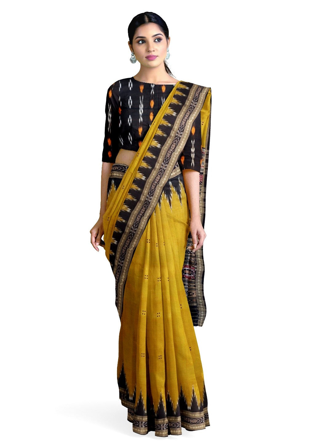Golden Mustard Odisha Khandua Pata Silk Saree with cotton ikat blouse piece