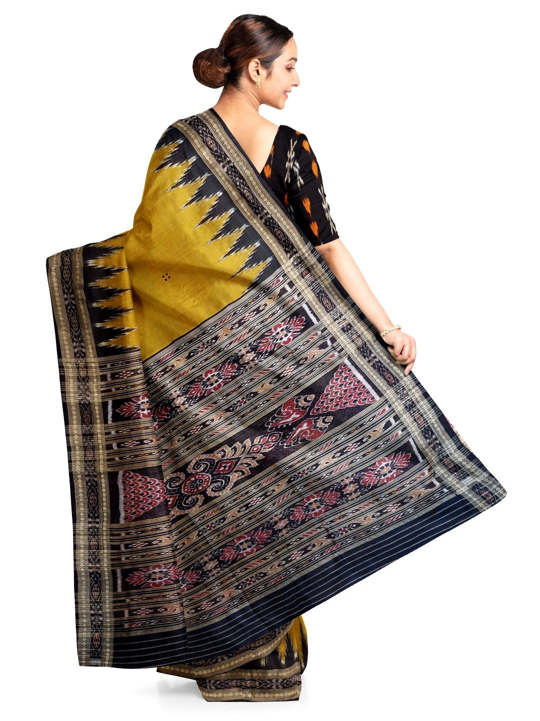 Golden Mustard Odisha Khandua Pata Silk Saree with cotton ikat blouse piece