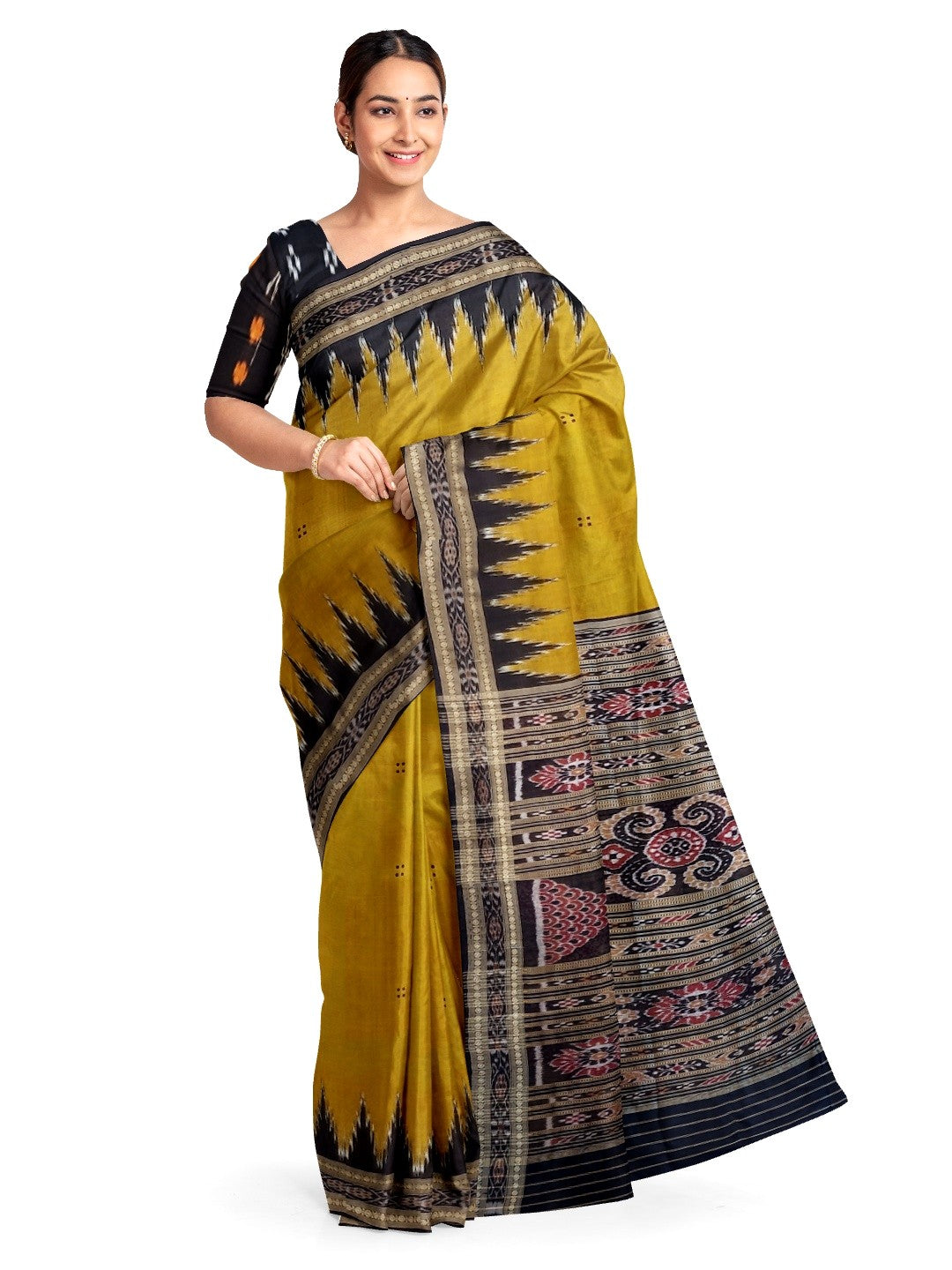 Golden Mustard Odisha Khandua Pata Silk Saree with cotton ikat blouse piece