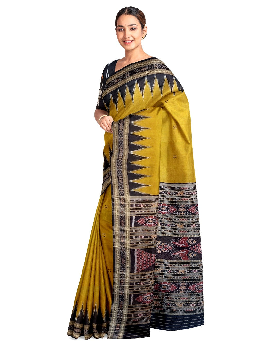 Golden Mustard Odisha Khandua Pata Silk Saree with cotton ikat blouse piece