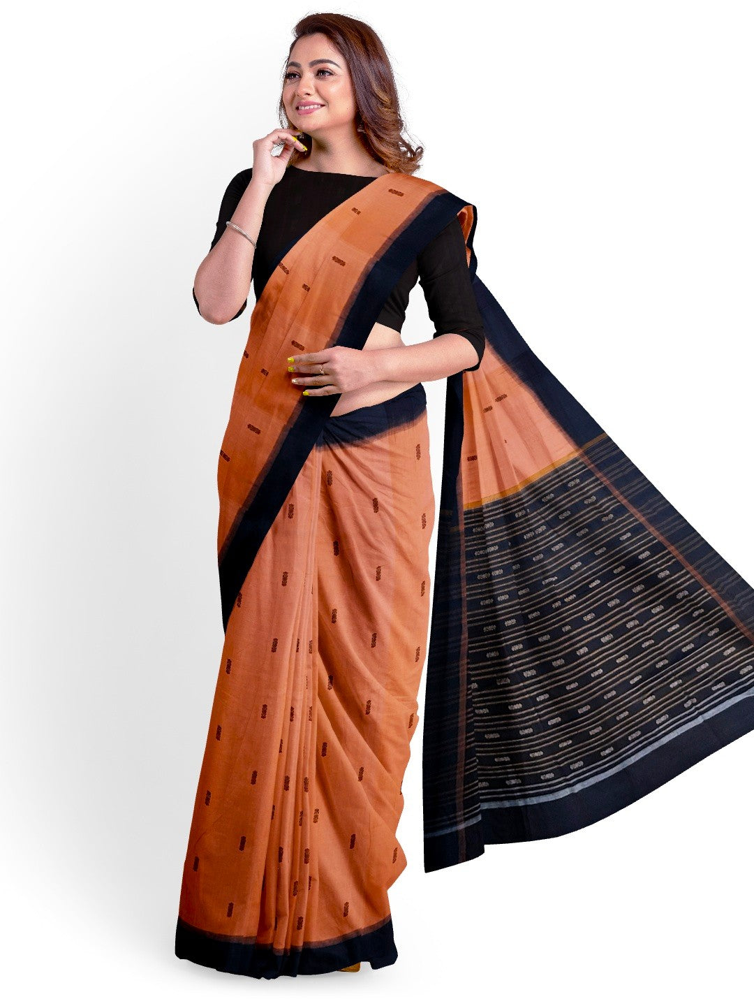 Peach colour Sambalpuri Cotton Saree with running blouse piece