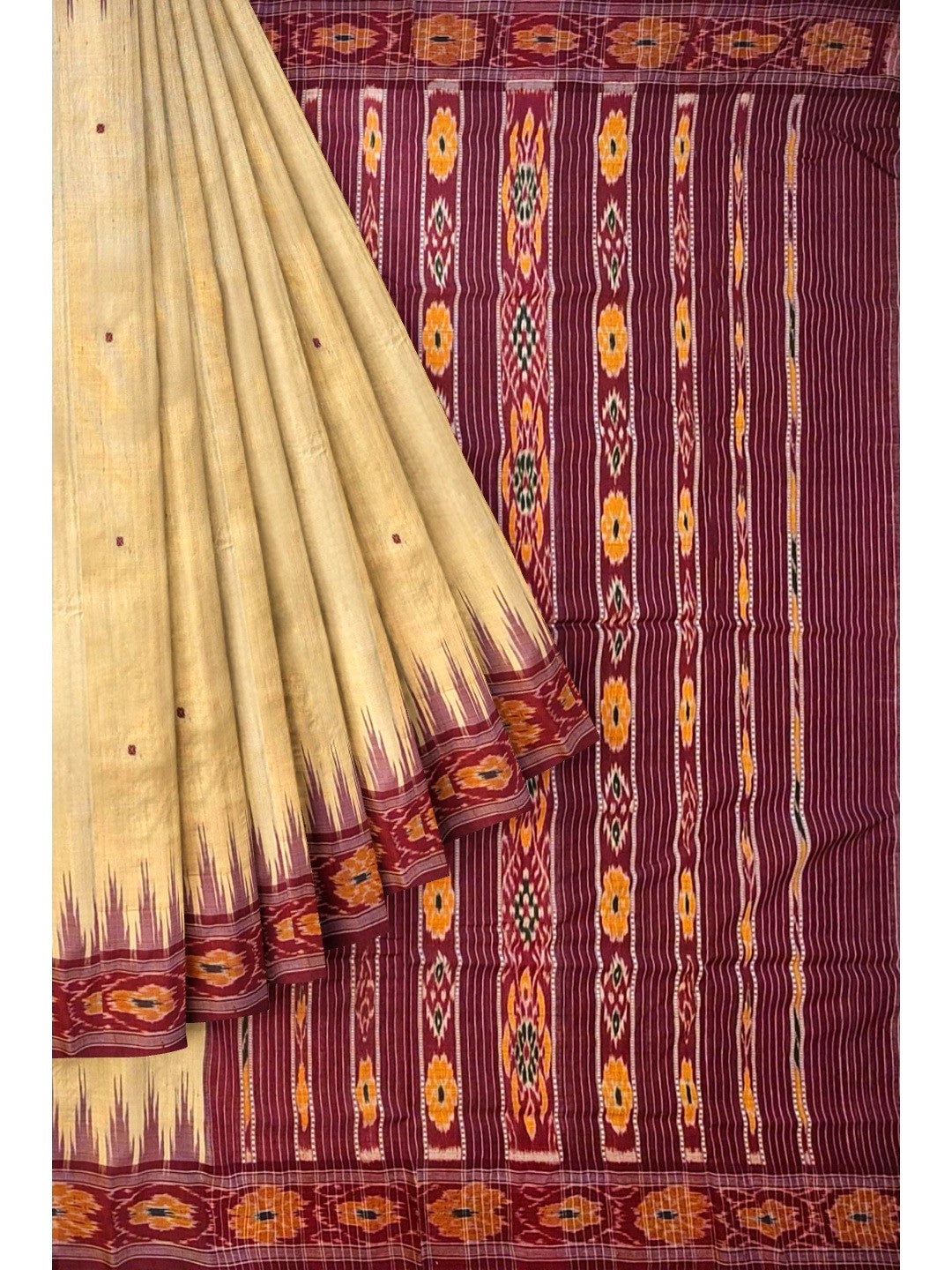 Beige with Maroon Tussar Silk Odisha Ikat Saree paired with cotton ikat blouse piece
