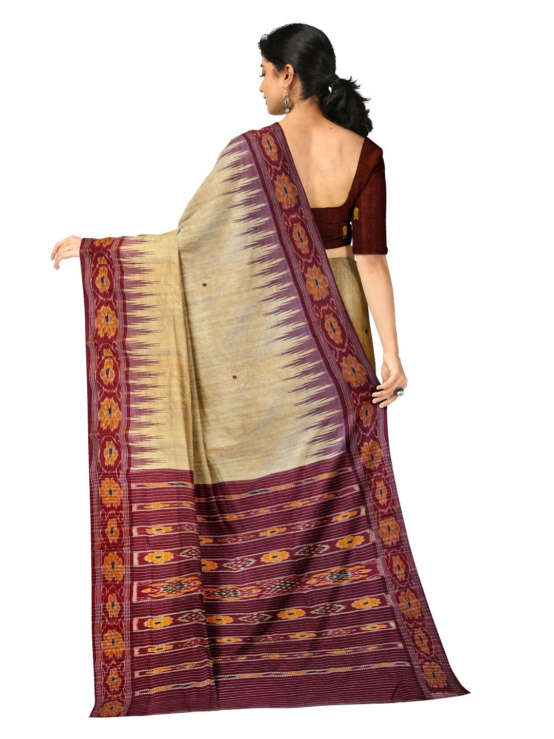 Beige with Maroon Tussar Silk Odisha Ikat Saree paired with cotton ikat blouse piece