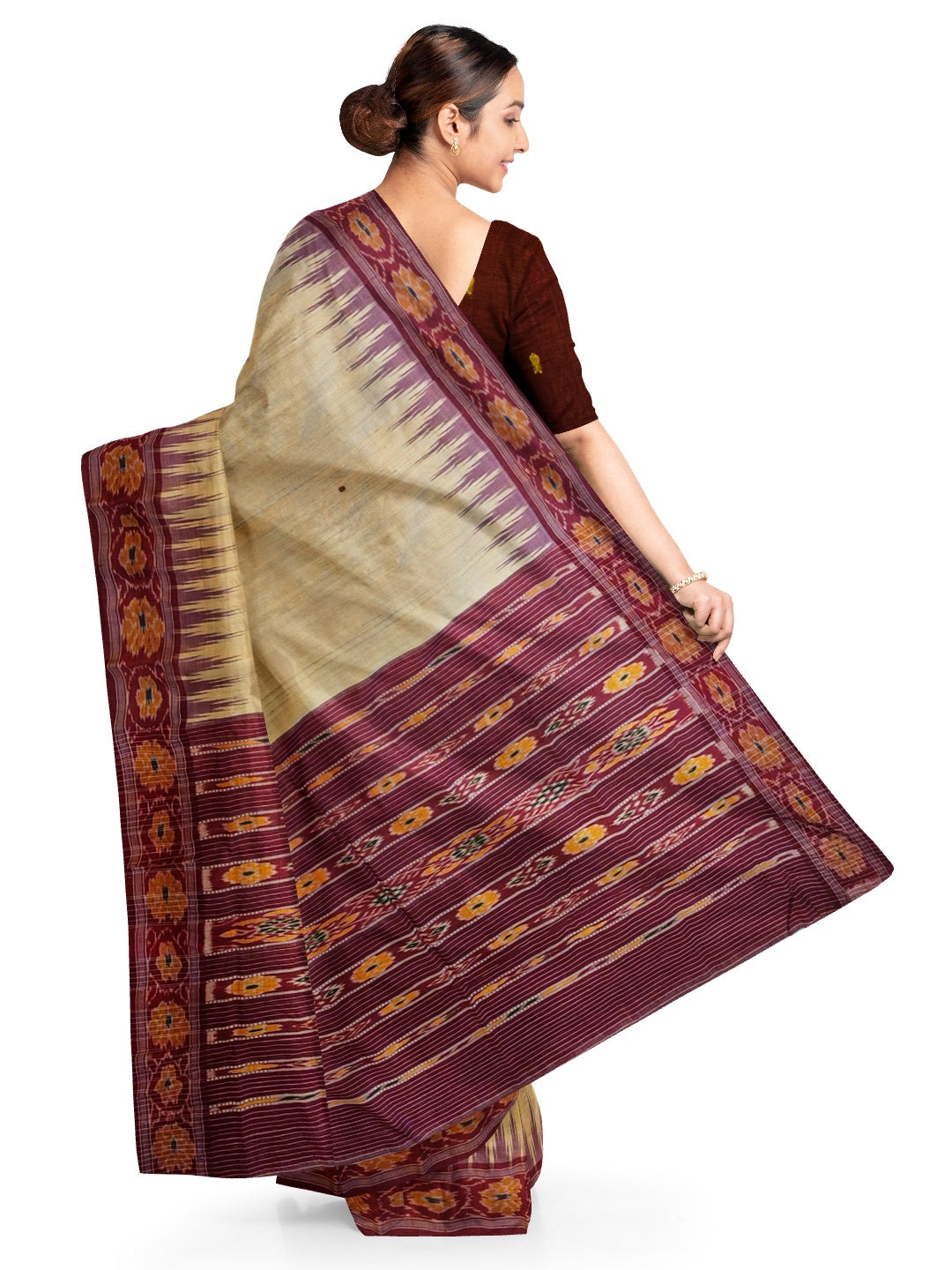 Beige with Maroon Tussar Silk Odisha Ikat Saree paired with cotton ikat blouse piece