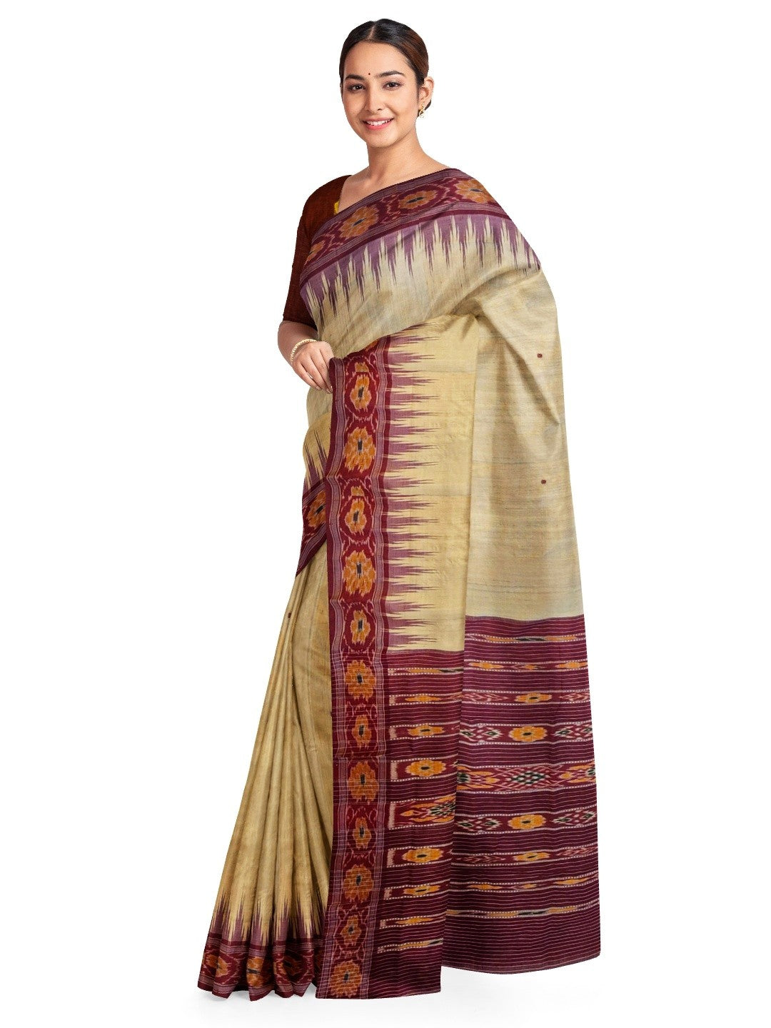 Beige with Maroon Tussar Silk Odisha Ikat Saree paired with cotton ikat blouse piece