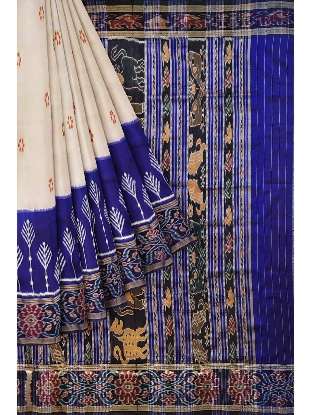 White wide border Odisha Khandua Pata Silk Saree with cotton ikat blouse piece