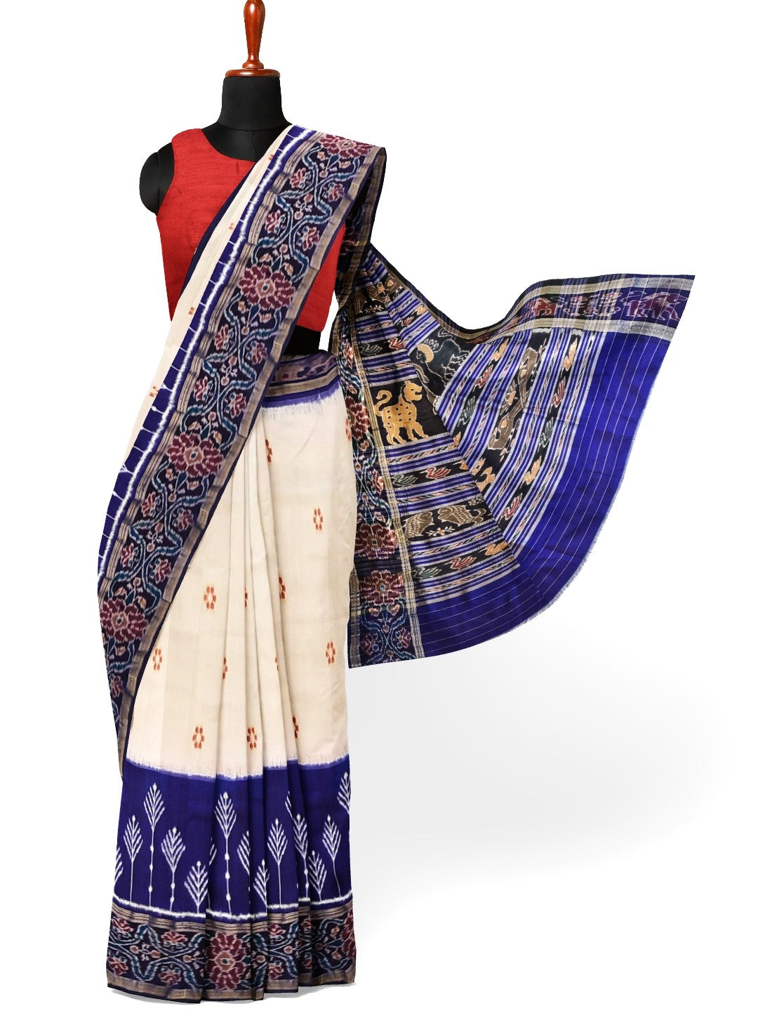 White wide border Odisha Khandua Pata Silk Saree with cotton ikat blouse piece