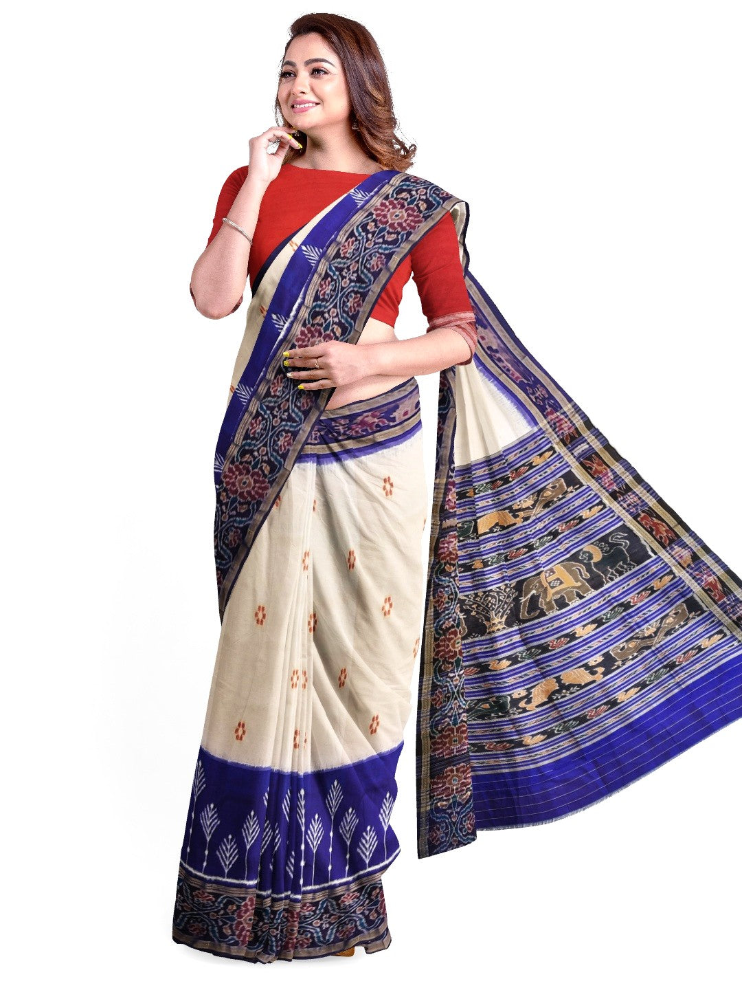 White wide border Odisha Khandua Pata Silk Saree with cotton ikat blouse piece