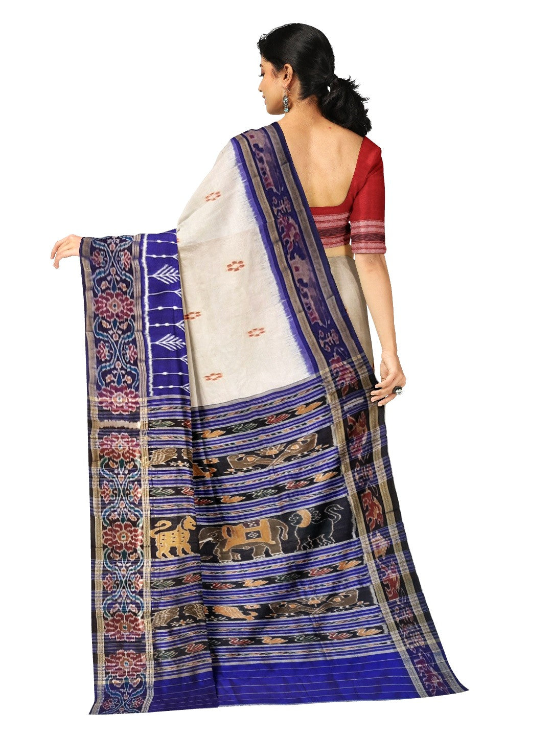 White wide border Odisha Khandua Pata Silk Saree with cotton ikat blouse piece
