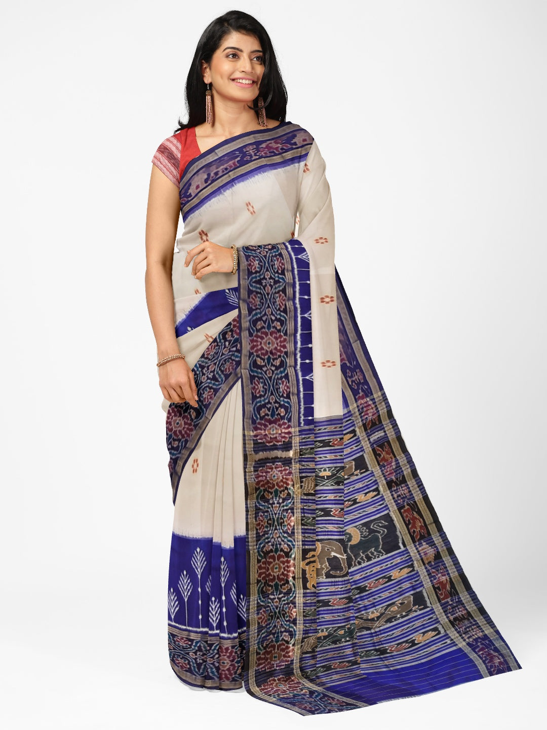 White wide border Odisha Khandua Pata Silk Saree with cotton ikat blouse piece