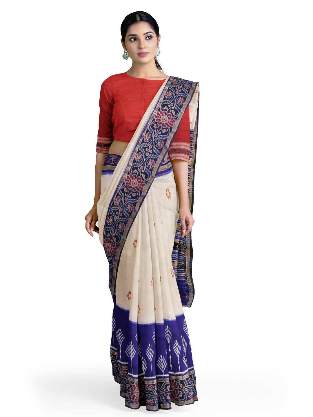 White wide border Odisha Khandua Pata Silk Saree with cotton ikat blouse piece