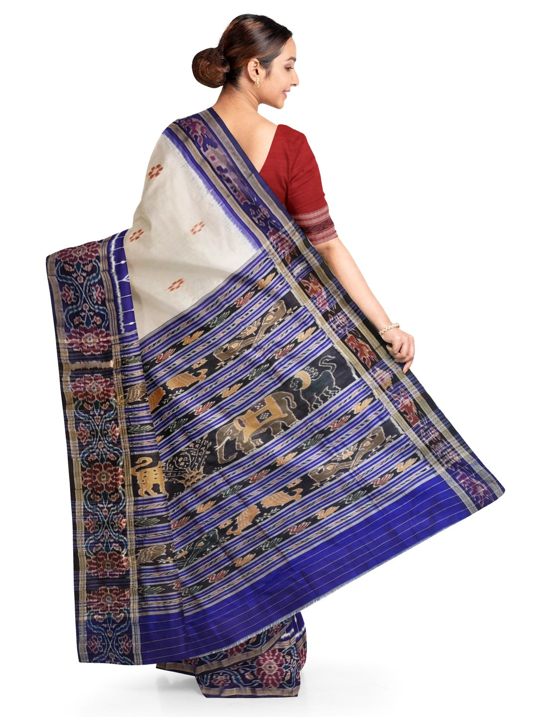 White wide border Odisha Khandua Pata Silk Saree with cotton ikat blouse piece