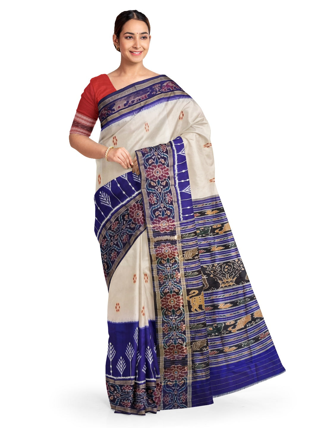 White wide border Odisha Khandua Pata Silk Saree with cotton ikat blouse piece