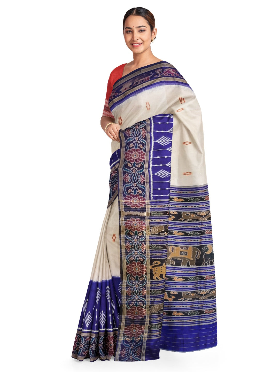 White wide border Odisha Khandua Pata Silk Saree with cotton ikat blouse piece