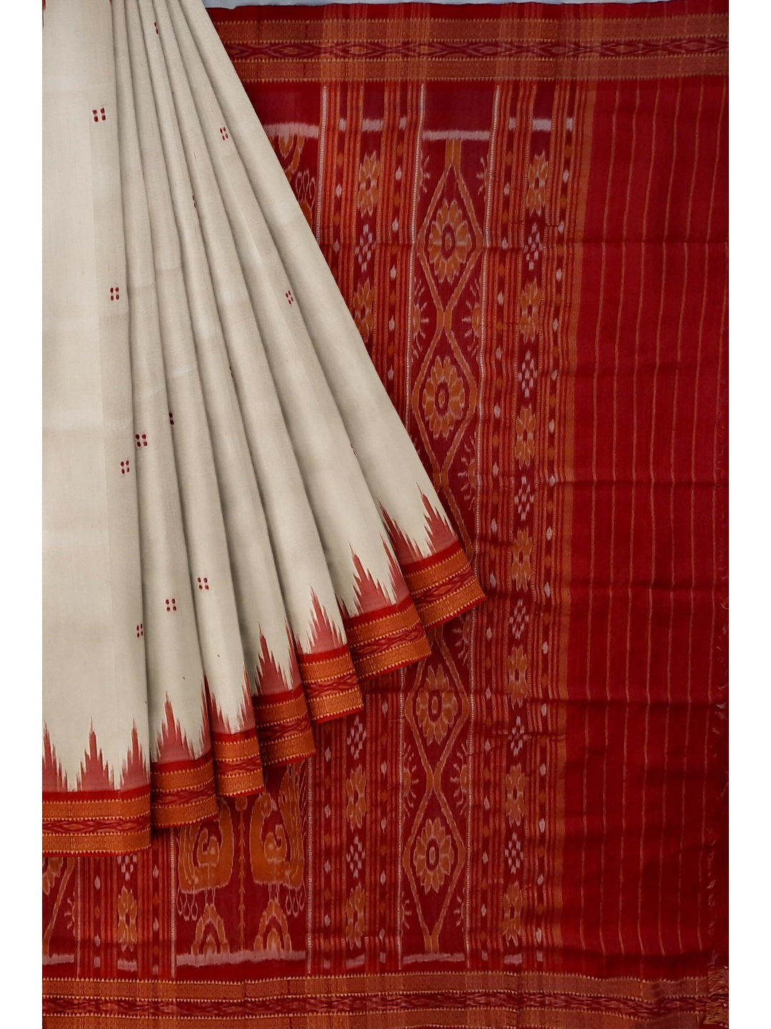 White Red Odisha Khandua Pata Silk Saree with cotton ikat blouse piece