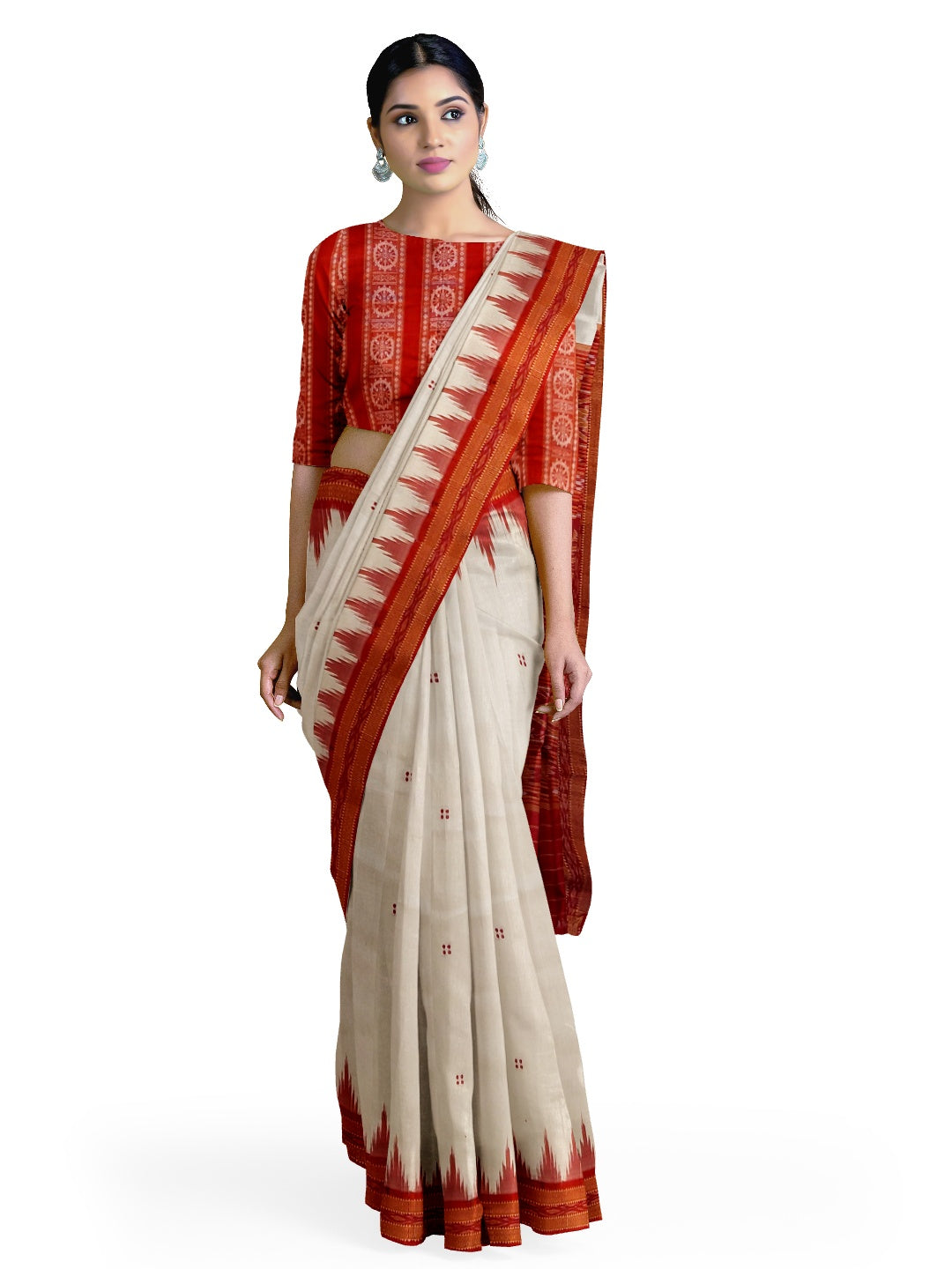 White Red Odisha Khandua Pata Silk Saree with cotton ikat blouse piece
