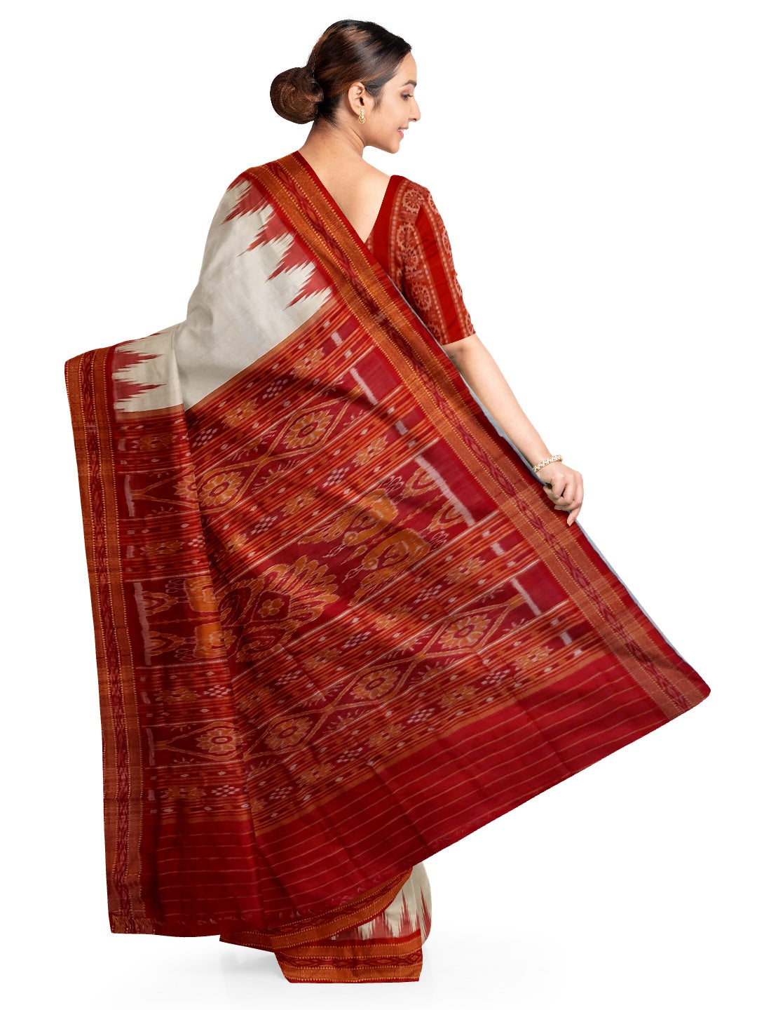 White Red Odisha Khandua Pata Silk Saree with cotton ikat blouse piece