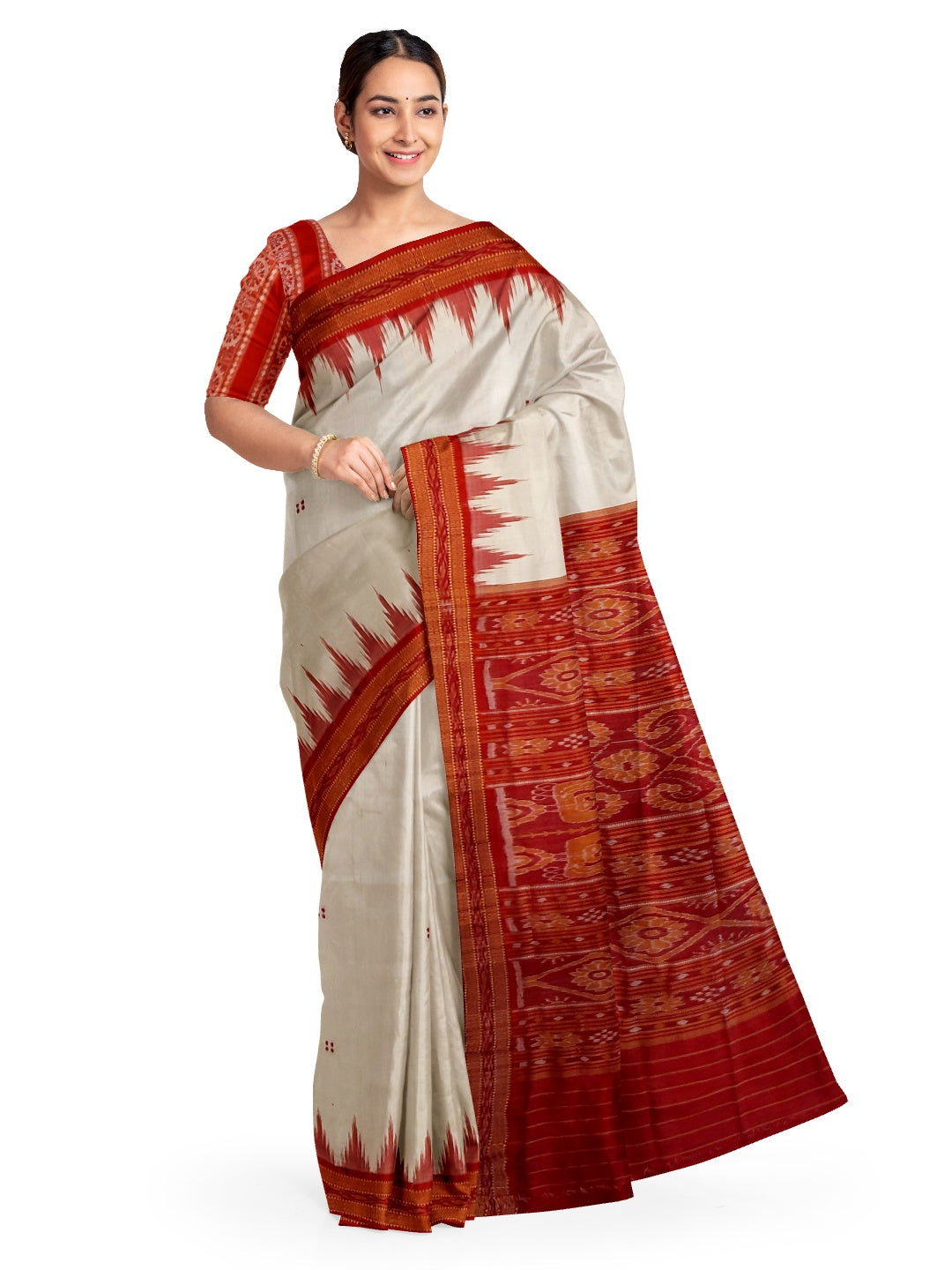 White Red Odisha Khandua Pata Silk Saree with cotton ikat blouse piece