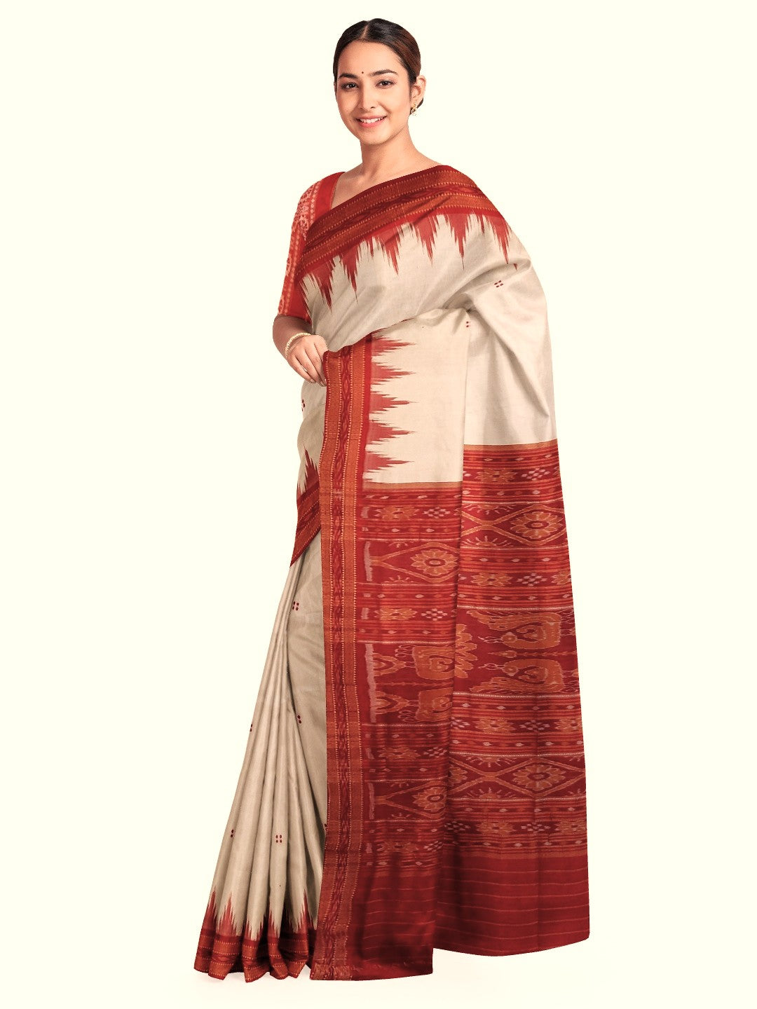 White Red Odisha Khandua Pata Silk Saree with cotton ikat blouse piece