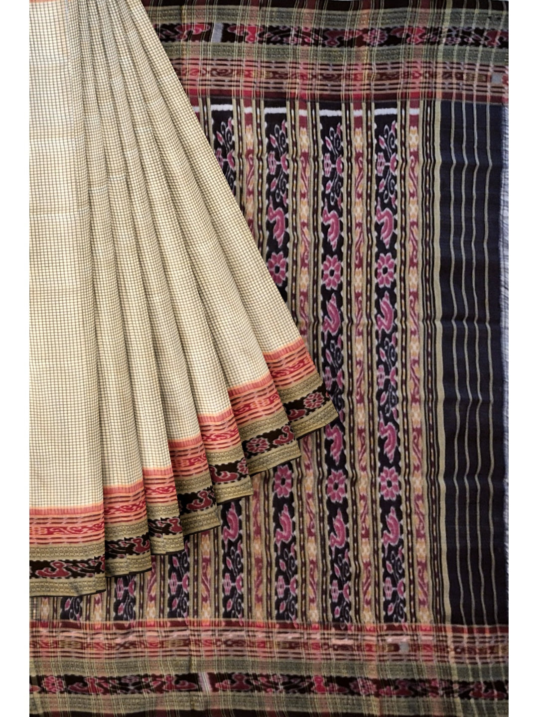 Beige Sachipar pattern Odisha Khandua Pata Silk Saree with cotton ikat blouse piece