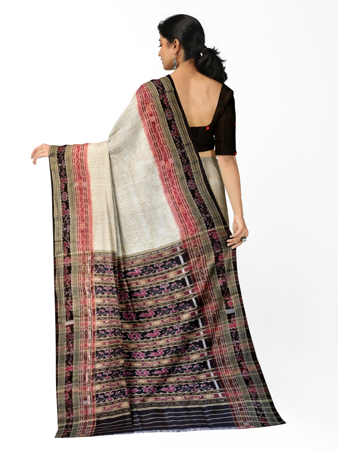 Beige Sachipar pattern Odisha Khandua Pata Silk Saree with cotton ikat blouse piece