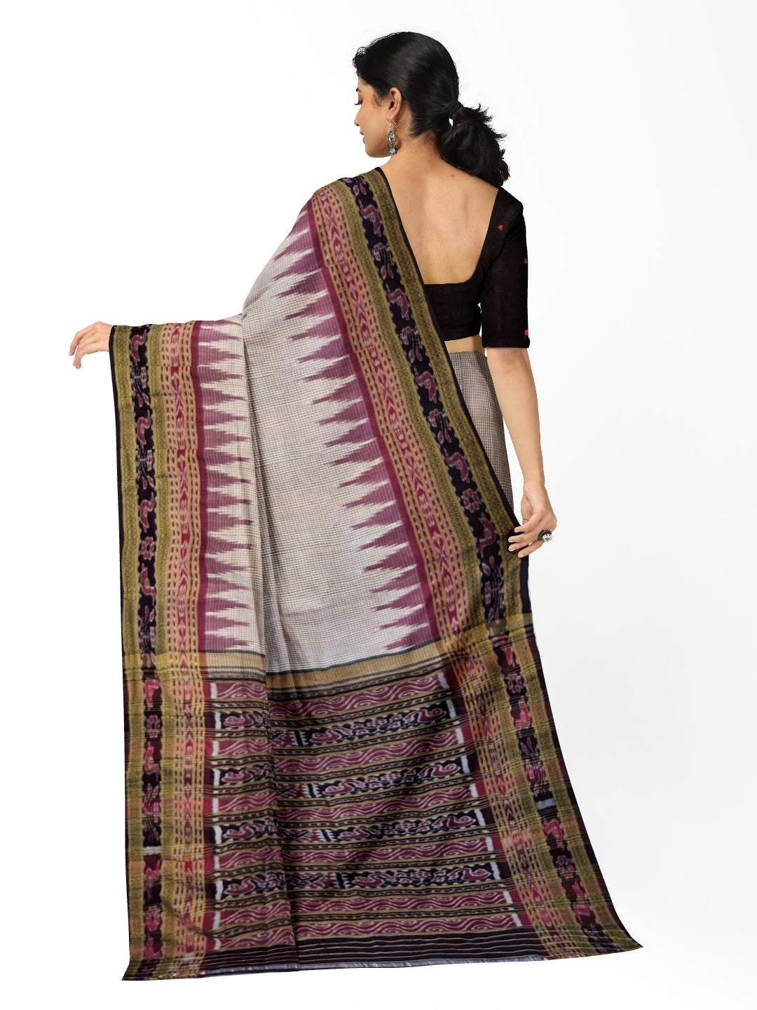 Pinkish Beige Sachipar Khandua Pata Silk Saree with cotton ikat blouse piece