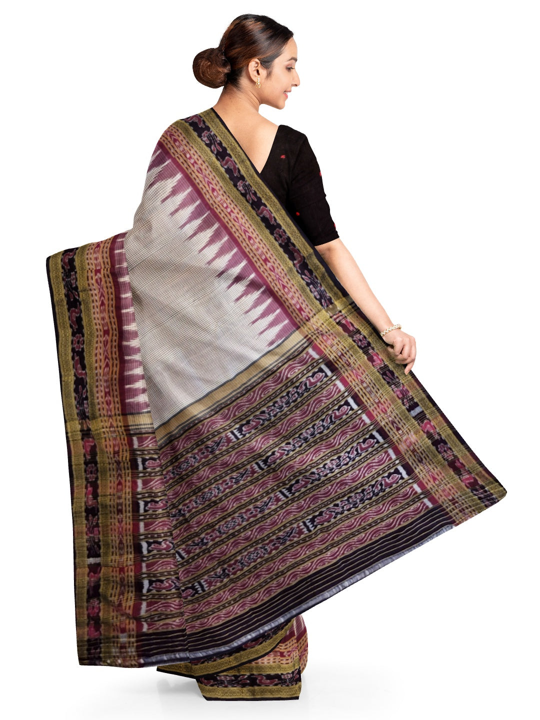 Pinkish Beige Sachipar Khandua Pata Silk Saree with cotton ikat blouse piece