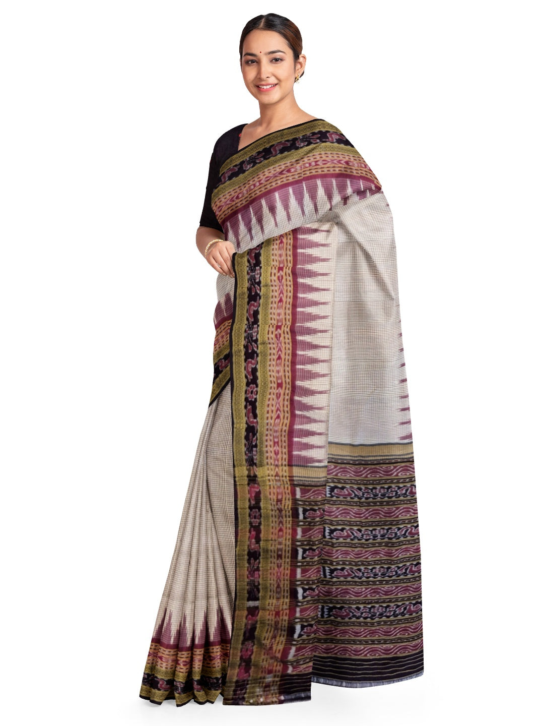 Pinkish Beige Sachipar Khandua Pata Silk Saree with cotton ikat blouse piece