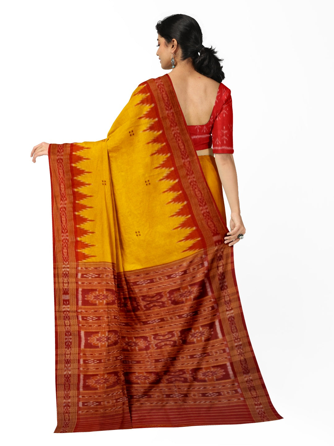 Yellow Red Odisha Khandua Pata Silk Saree with cotton ikat blouse piece