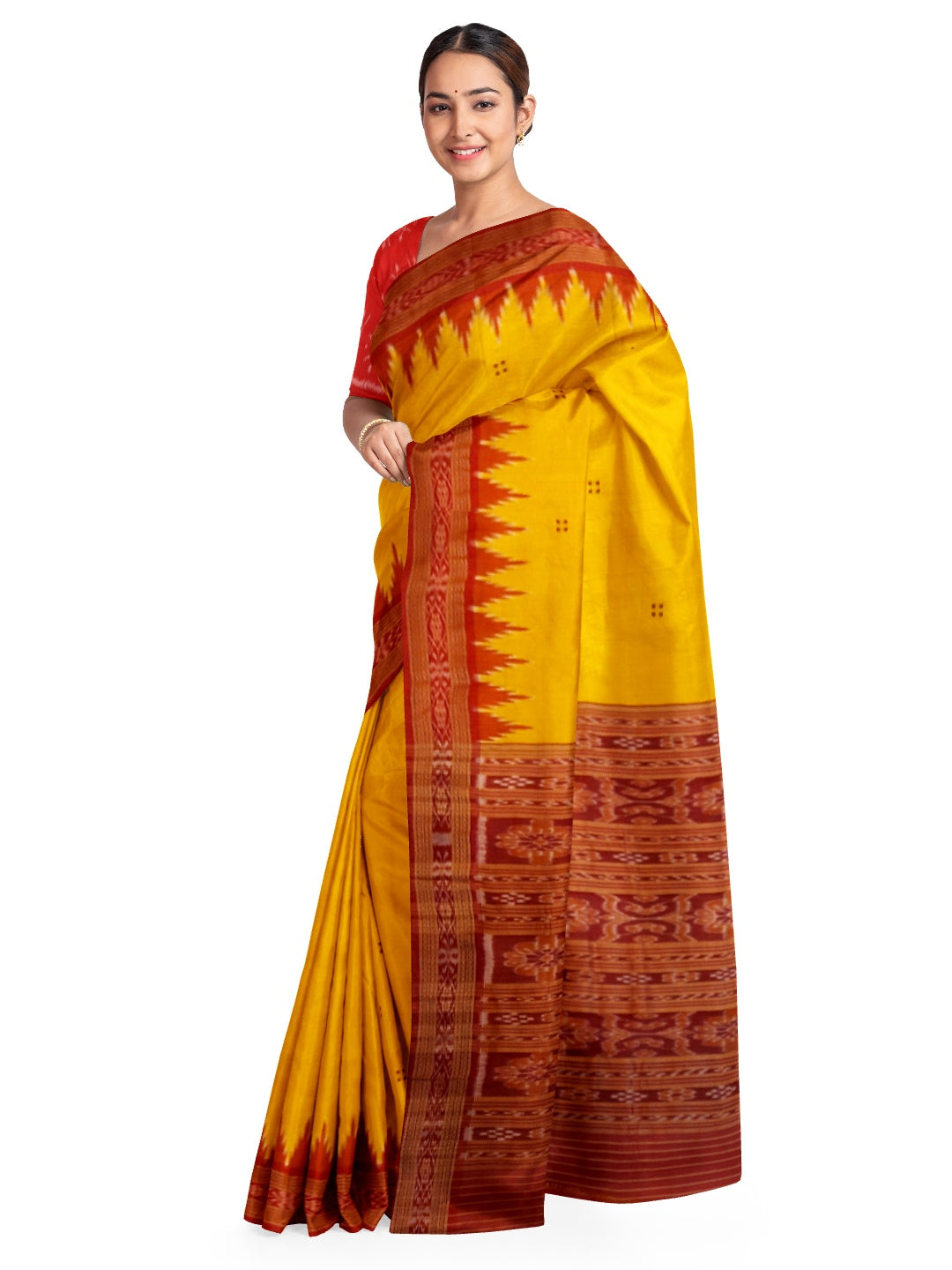 Yellow Red Odisha Khandua Pata Silk Saree with cotton ikat blouse piece