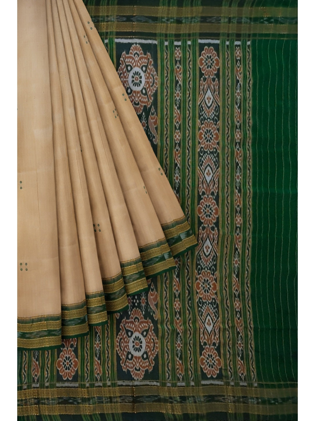 Beige with Green Odisha Khandua Pata Silk Saree with cotton ikat blouse piece