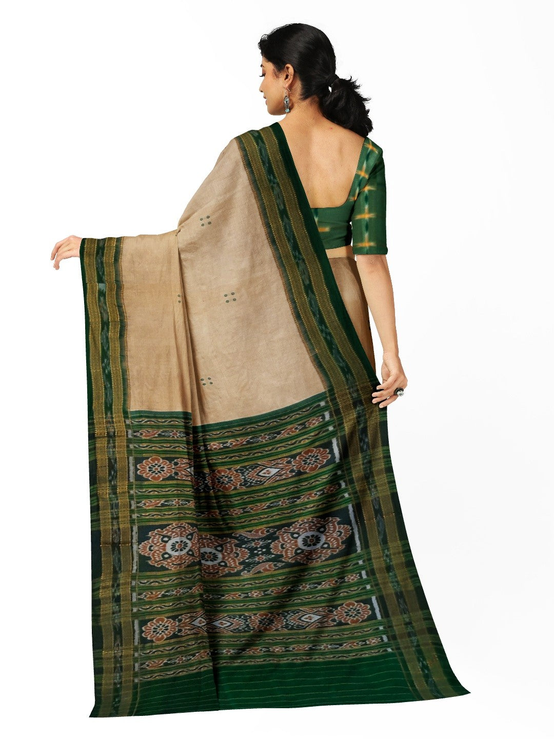 Beige with Green Odisha Khandua Pata Silk Saree with cotton ikat blouse piece