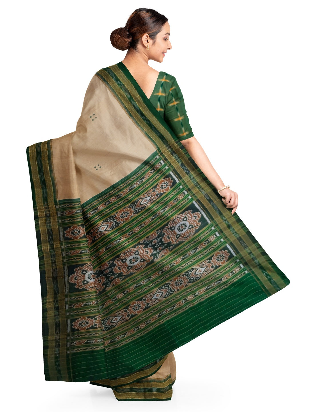 Beige with Green Odisha Khandua Pata Silk Saree with cotton ikat blouse piece